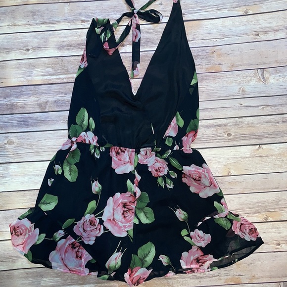 Black Floral Rose Halter Backless Romper with Ruffle Hem - Picture 5 of 7